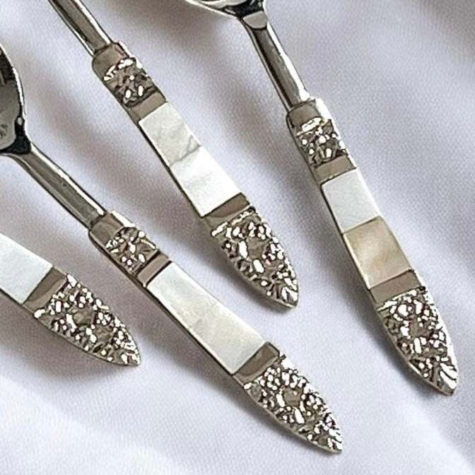 Mitháas Naqashi Silver - Elegant Dessert Spoon Set with Mother of Pearl Handles (Set of 4)