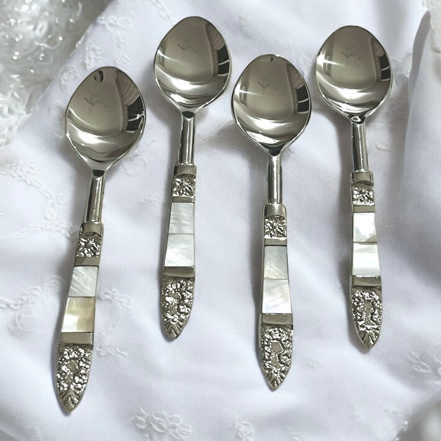 Mitháas Naqashi Silver - Elegant Dessert Spoon Set with Mother of Pearl Handles (Set of 4)