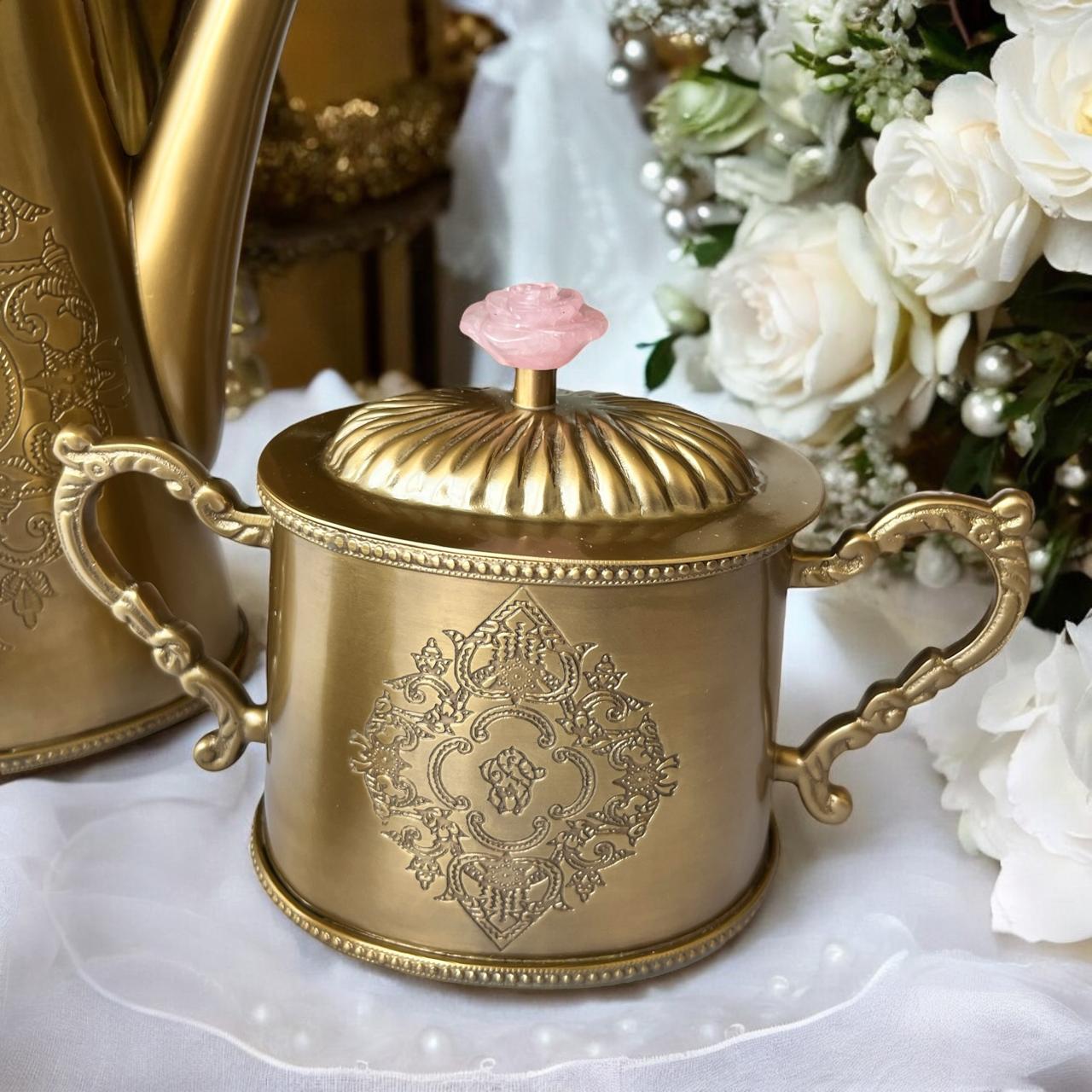 Méhfil-é-Jashn Vintage Gold with Rose Quartz - 3 piece tea set made in brass