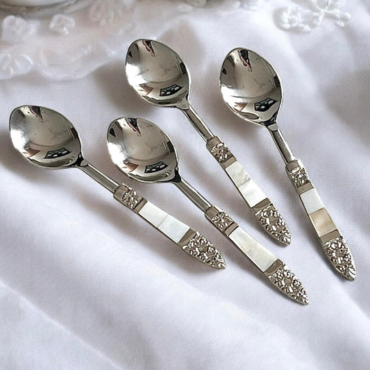 Mitháas Naqashi Silver - Elegant Dessert Spoon Set with Mother of Pearl Handles (Set of 4)