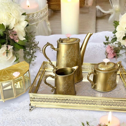 Méhfil-é-Jashn Vintage Gold with Rose Quartz - 3 piece tea set made in brass