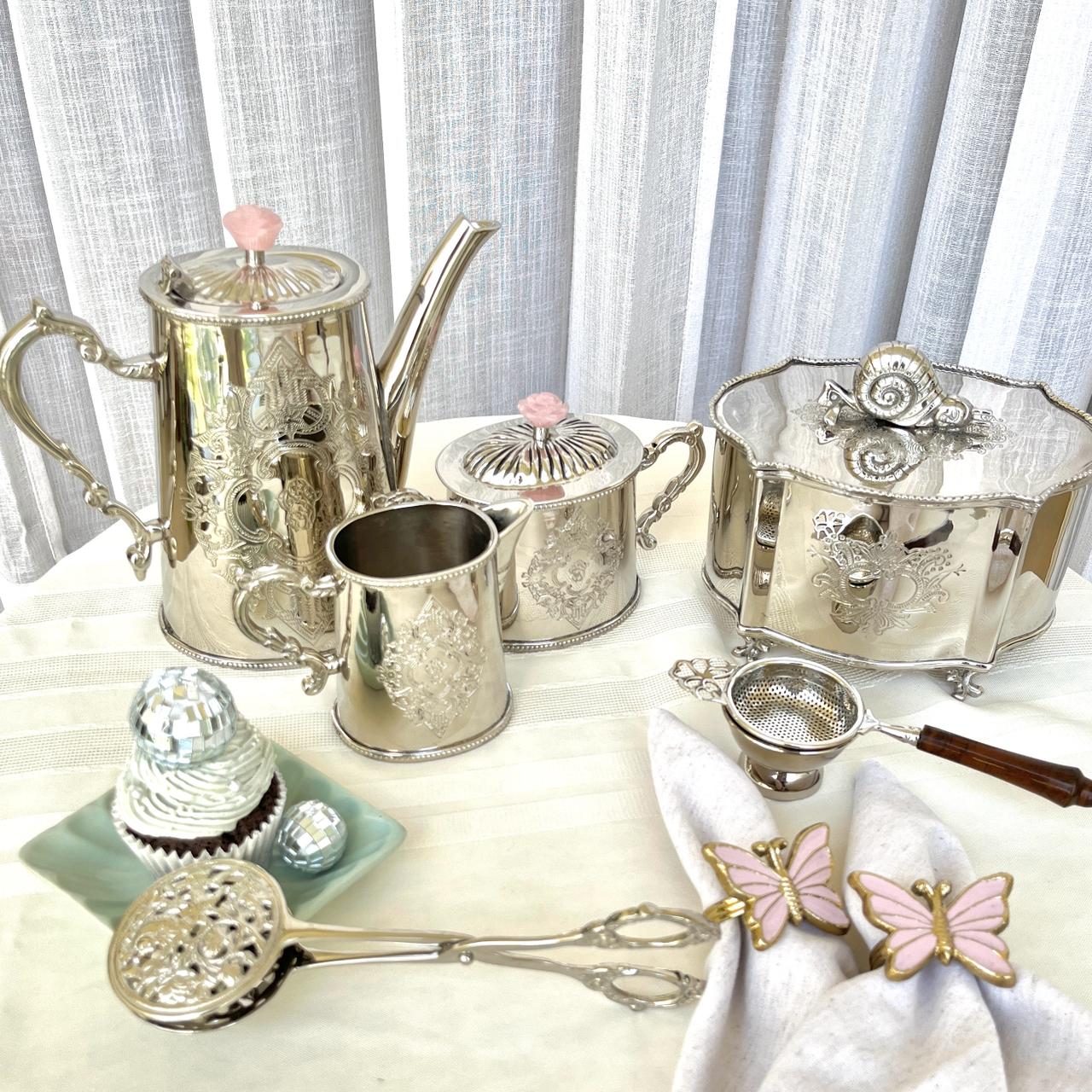 Méhfil-é-Jashn Moonlit Silver with Rose Quartz - 3 piece tea set made in brass