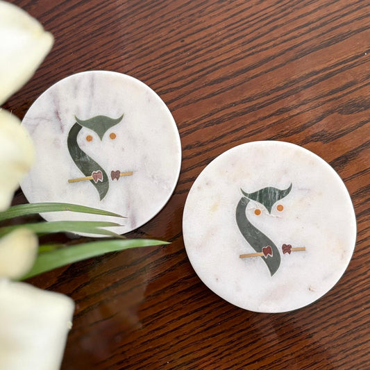 Wisdom Perched - Set of 4 marble inlay coasters