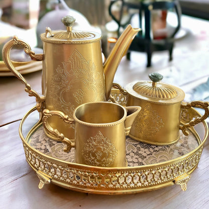 Méhfil-é-Jashn with Green Aventurine - 3 piece tea set made in brass