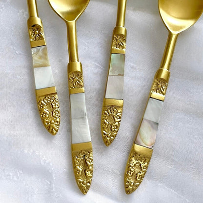 Mitháas Naqashi Gold - Elegant Brass Dessert Spoon Set with Mother of Pearl Handles (Set of 4)