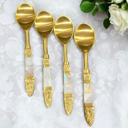 Mitháas Naqashi Gold - Elegant Brass Dessert Spoon Set with Mother of Pearl Handles (Set of 4)