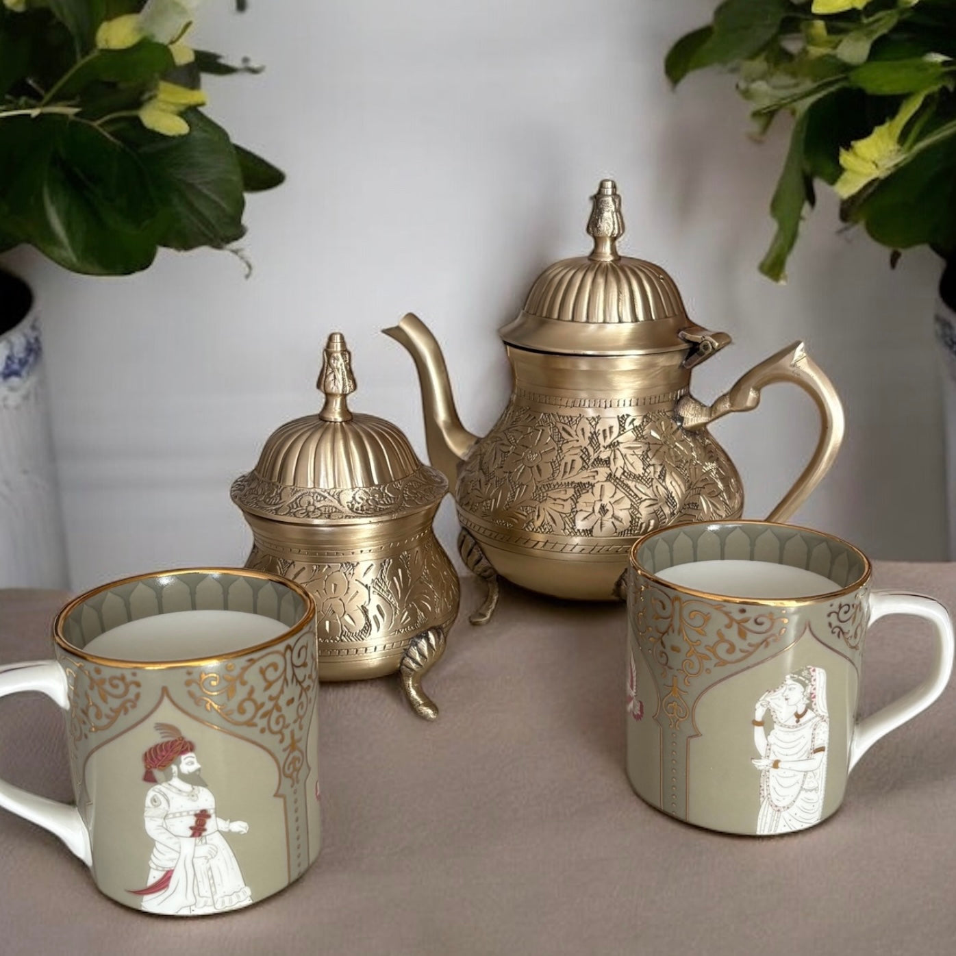 Mehfil-e-Dastoor with Behruz - A 4 pc set with Brass Kettle & sugarpot and 2 porcelain cups