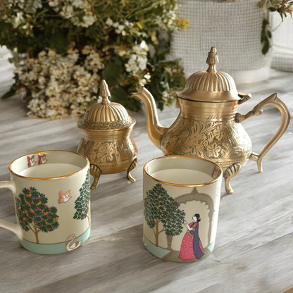 Mehfil-e-Dastoor with Firdaus - A 4 pc set with Brass Kettle & sugarpot and 2 porcelain cups