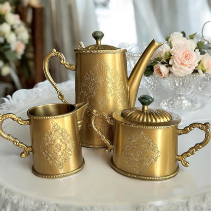 Méhfil-é-Jashn with Green Aventurine - 3 piece tea set made in brass