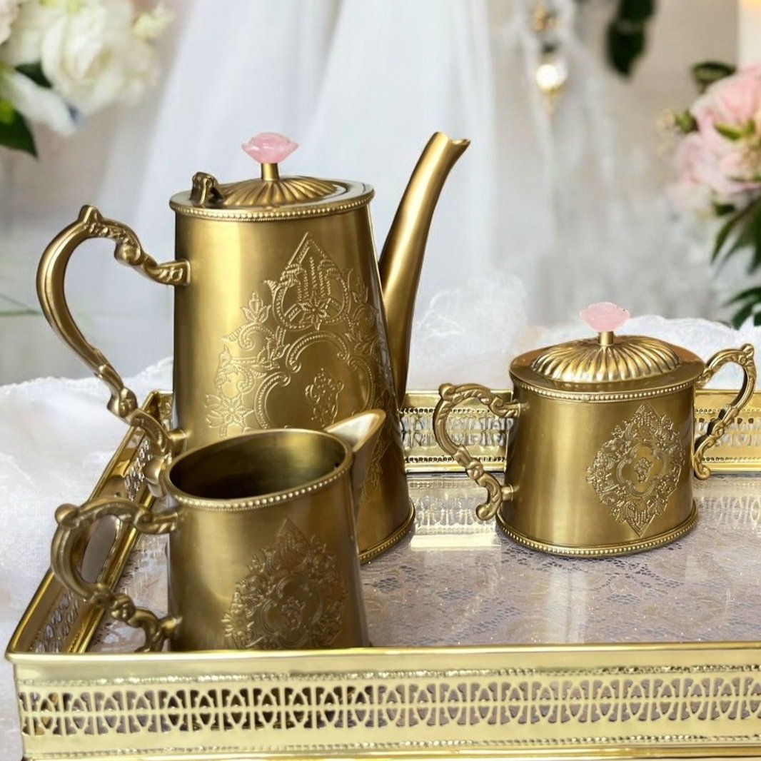 Méhfil-é-Jashn Vintage Gold with Rose Quartz - 3 piece tea set made in brass