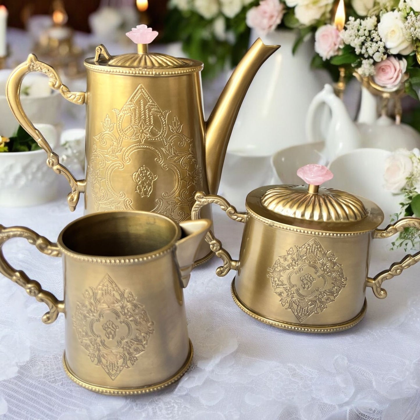 Méhfil-é-Jashn Vintage Gold with Rose Quartz - 3 piece tea set made in brass