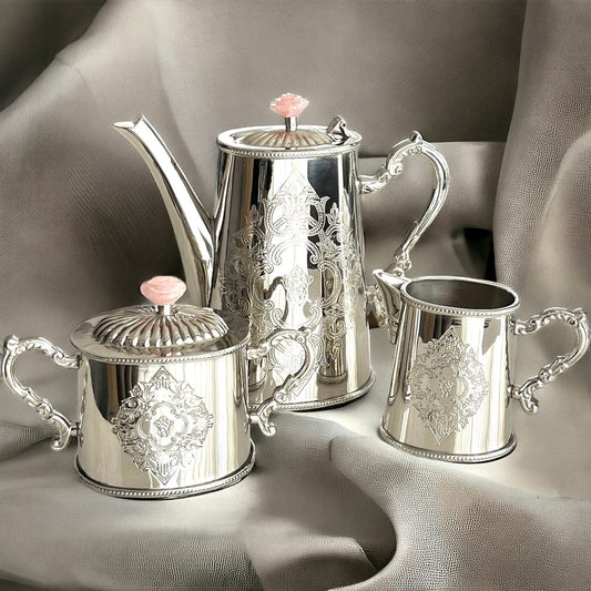 Méhfil-é-Jashn Moonlit Silver with Rose Quartz - 3 piece tea set made in brass