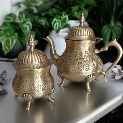 Mehfil-e-Dastoor with Behruz - A 4 pc set with Brass Kettle & sugarpot and 2 porcelain cups