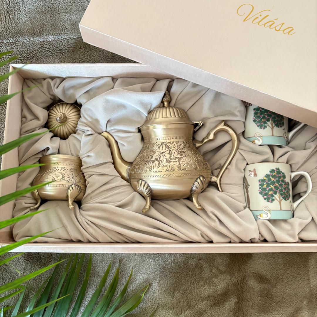 Mehfil-e-Dastoor with Firdaus - A 4 pc set with Brass Kettle & sugarpot and 2 porcelain cups